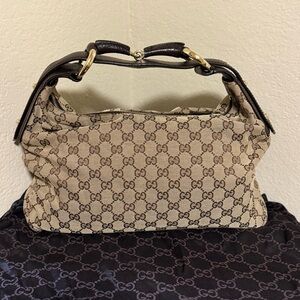 Authentic Gucci Horsebit GG Canvas Shoulder Bag